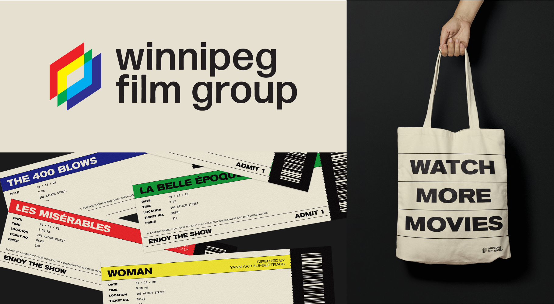 logo, tickets, and tote bag using the winnipeg film group branding